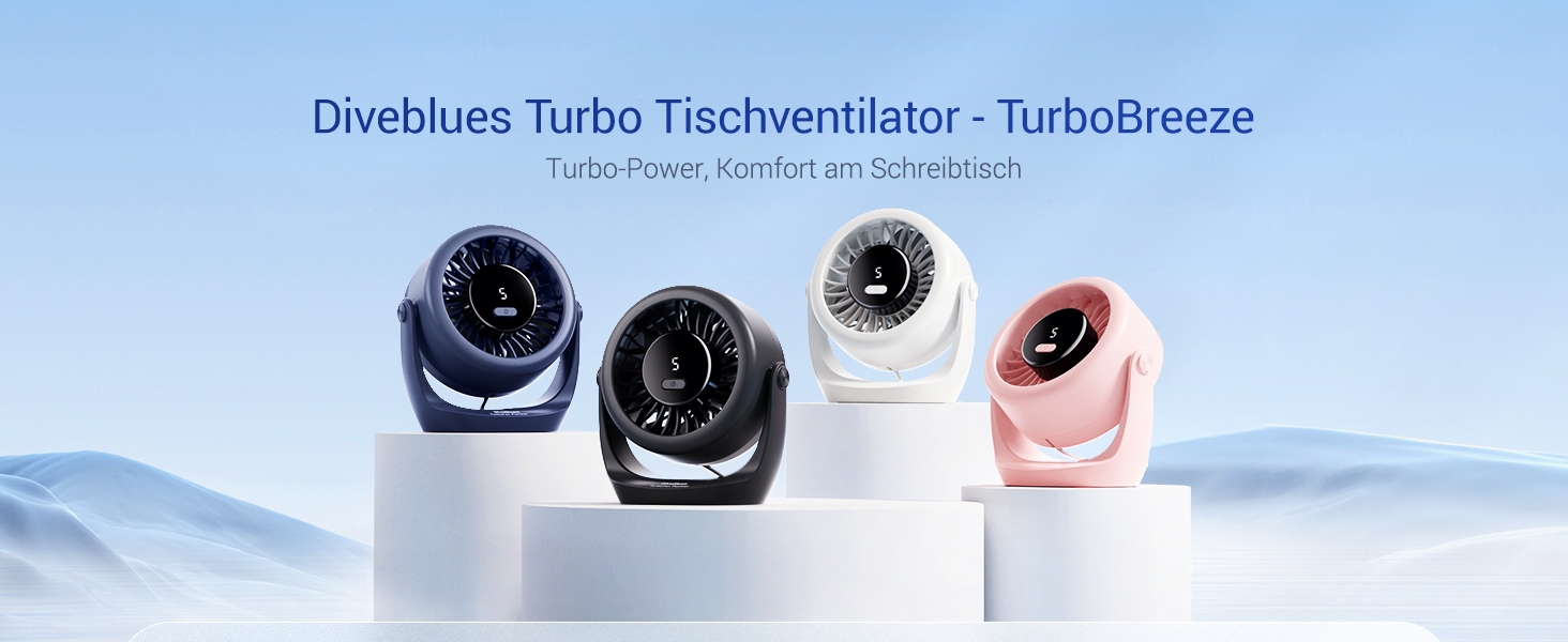 USB Turbo вентилятор для столу Diveblues TurboBreeze Klassisch: тихий, потужний, з LED-дисплеєм, 5 швидкостей, 360° обертання, портативний для дому, офісу та відпочинку – чорний
