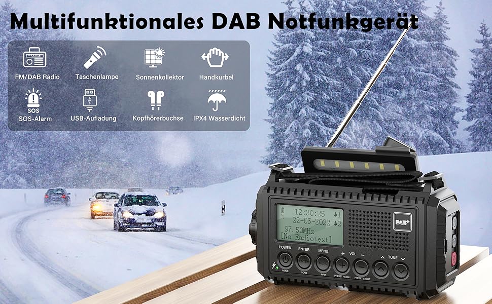 Радіоприймач DAB+/DAB/UKW з акумулятором 5000mAh, радіо для надзвичайних ситуацій з ліхтариком та світлодіодом для читання, портативне кемпінгове радіо з USB-зарядкою для мобільного телефону, FM, динамо, SOS-сигнал для походів, відпочинку на природі (Радіо DAB, Чорний)
