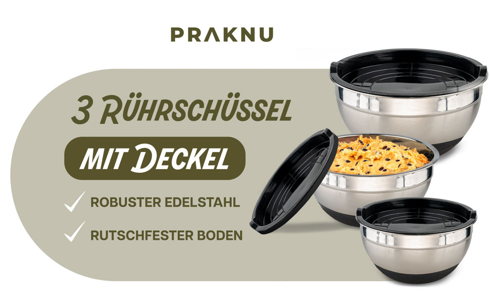 Набір з 3 нержавіючих мисок з кришкою Praknu - великі, з антиковзним покриттям, герметичні, з мірною шкалою, економні