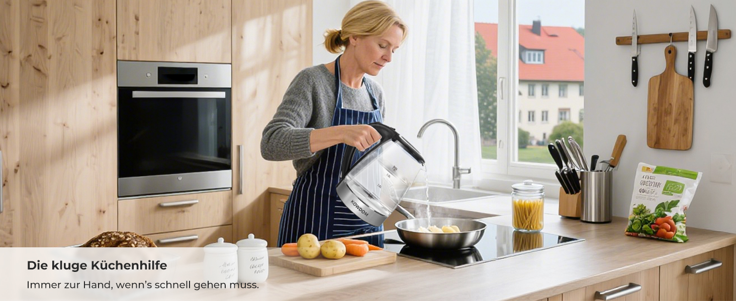 Електричний чайник Kowdom 1.8L з боросилікатного скла, BPA-free, 2200W, швидкий нагрів, автовимкнення та захист від сухого кипіння, чорний