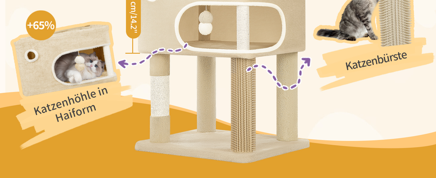 Драбина-кіготь для котів Hzuaneri, 203 см, з великою платформою, 2 печери, 7 кігтеточок, помпони, лежанки, гамак, для всіх порід котів, бежевий MS20318YL XXL (60 x 50 x 203 см)