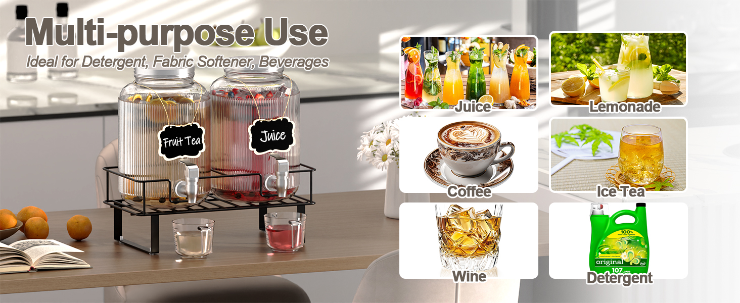 2 шт. скляні диспенсери для напоїв на 4 л з краном, металевий стійка та мірний стакан, для соку/коктейлів/трав'яного чаю, диспенсер для соку на вечірки та весілля