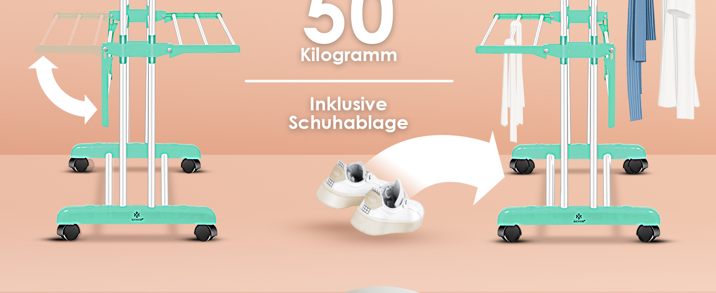 Кесер® Сушилка для білизни з колесами - Турбо-модель, 4 яруси, білий/антрацитовий, з кліпсами