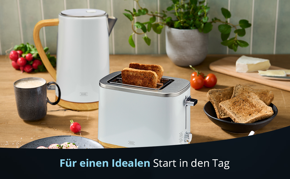 Набір чайник та тостер KHG | 2200W та 800W | 1.7л чайник, 2 тости | З фільтром від накипу та підсвічуванням крихт | Кухонний набір білий з імітацією дерева