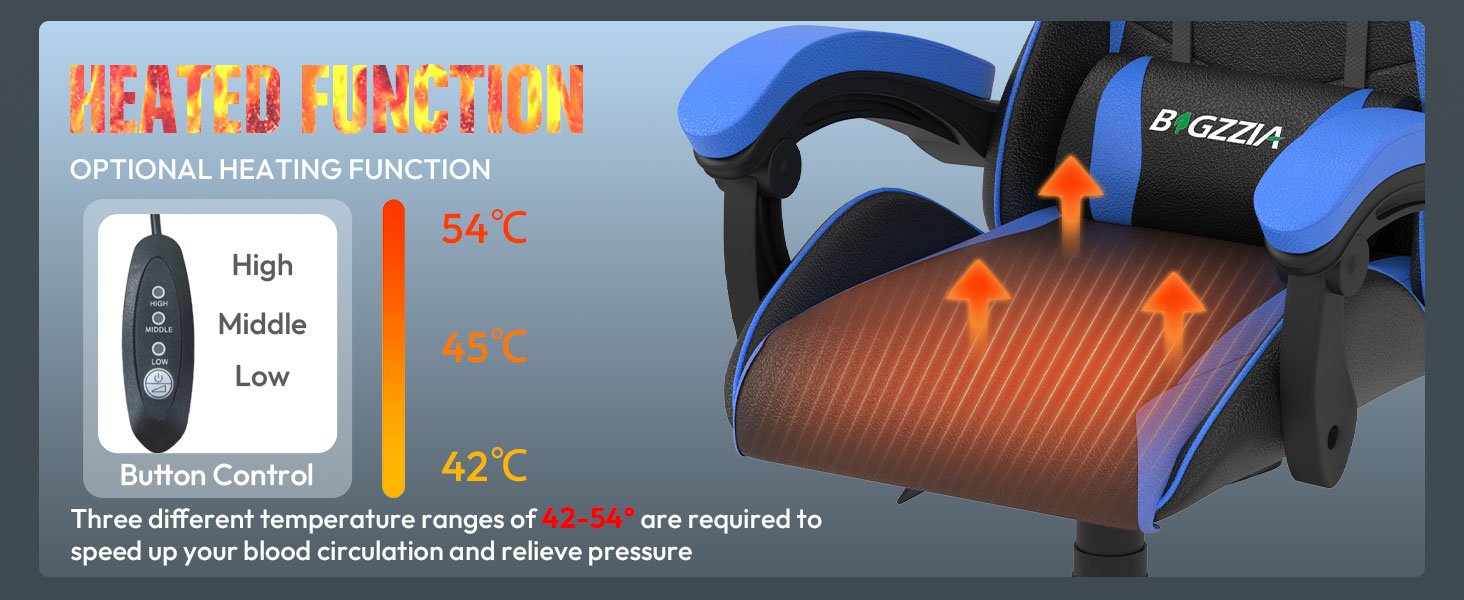 Ігрове крісло Bigzzia Gaming Stuhl з підігрівом, регульована спинка 90-135°, ергономічний геймерський стілець (Синій)