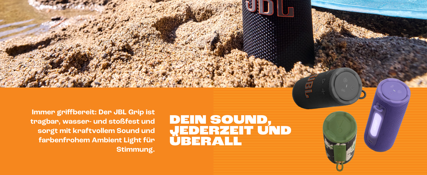 JBL Grip – Портативна Bluetooth колонка з AI Sound Boost, чорна. Водонепроникна (IP68), до 14 год роботи, підтримка Auracast