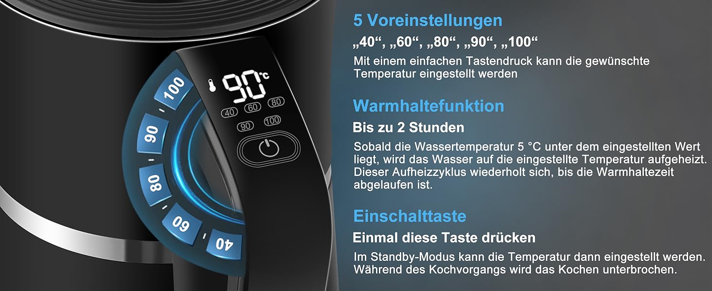 Електричний чайник WANNYTON з регулюванням температури 40-100°C, 1.7 л, 2200 Вт, чорний