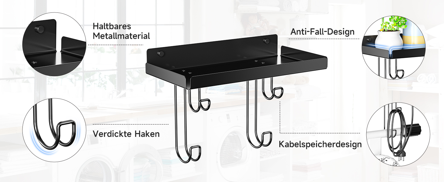 Настінна тримач для прасувальної дошки, праски та аксесуарів, чорний, металева стійка з великою полицею для прасування, Y/T-подібна форма