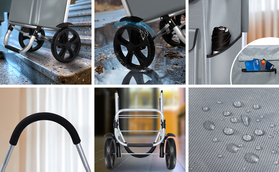 Складаний алюмінієвий візок VOUNOT для покупок, 45 л, водонепроникна сумка, 2 великі колеса з бризковиками, візок для сходів, сірий