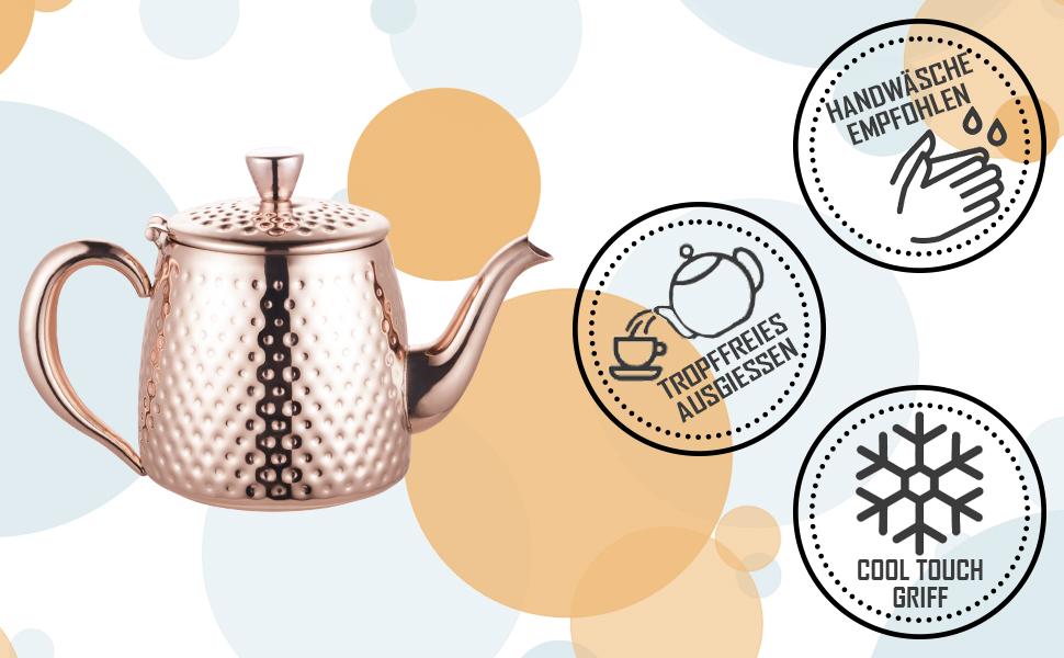 Чайник Café Olé Sandringham з ефектом кування, нержавіюча сталь 18/10 і мідна поверхня, 0.5 л, не протікає, порожнисті ручки