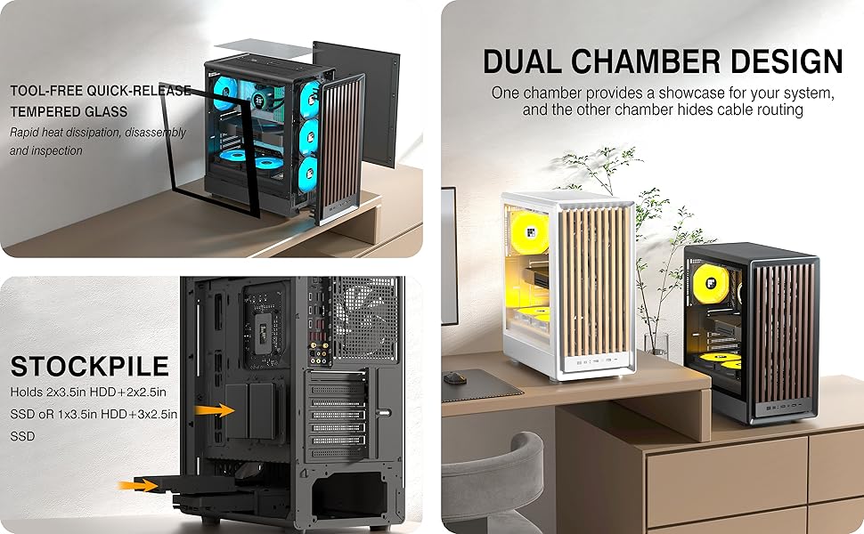 Корпус ПК FOIFKIN M1 з дерев'яною передньою панеллю з горіха, встановлений 4 PWM ARGB вентилятор, Mid-Tower для ігрового ПК, з Type-C, чорний (чорний, M1)