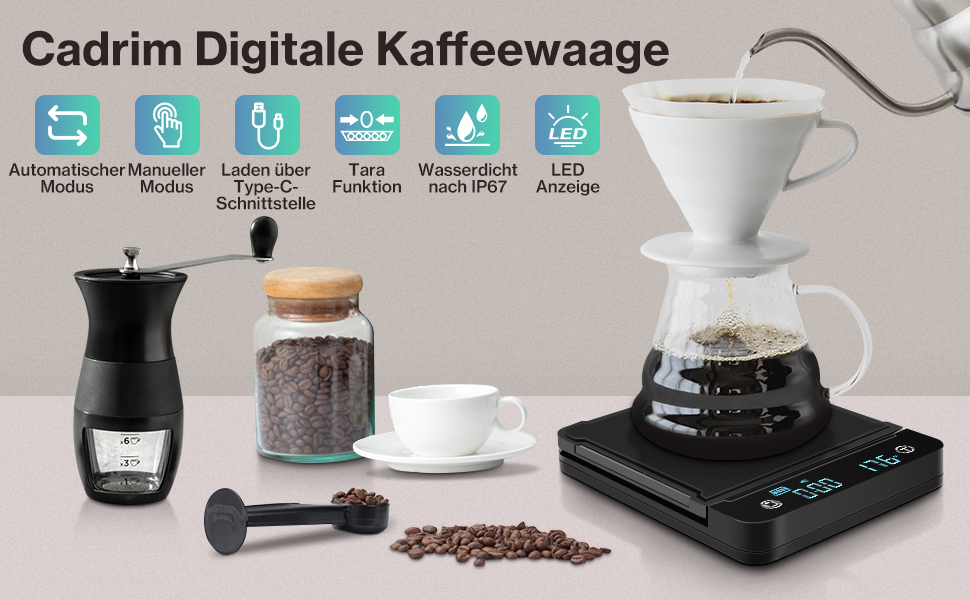 Цифрова кавова вага Cadrim з таймером, 0,1г/3 кг, електронна кухонна вага для еспресо, багатофункціональна вага для продуктів, функція тарування
