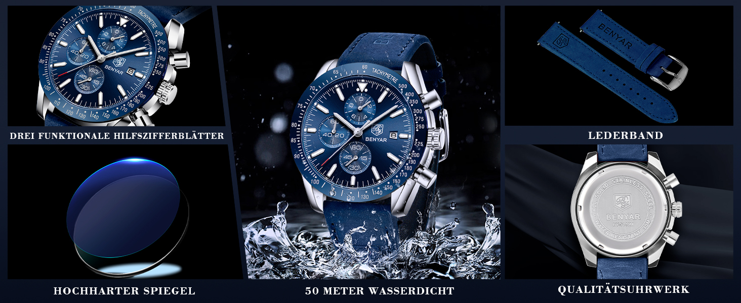 Годинник чоловічий BENYAR Quarz Chronograph з датою, водонепроникний, чорний ремінець/чорне циферблат/сріблясте корпус, для повсякденного та ділового стилю