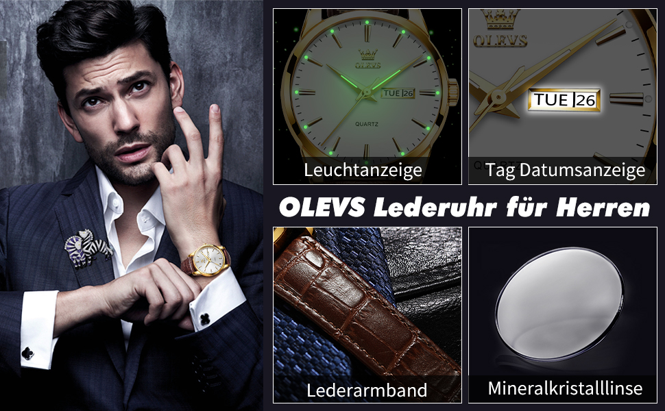 Чоловічий годинник OLEVS з нержавіючої сталі, кварцовий аналоговий годинник, класичний діловий годинник, водостійкий годинник з підсвічуванням, дата, ремінець з натуральної шкіри (білий циферблат/коричневий ремінець)