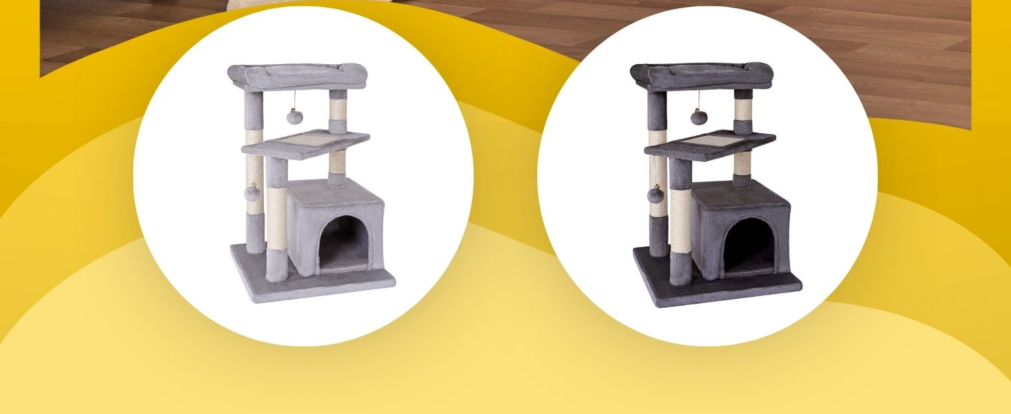 Котячий будиночок Lionto з лежанкою та печерею, 75 см, з сизалевого мотузка та плюшу, 2 м'ячики з дзвіночками, для кошенят та дорослих котів, сірий