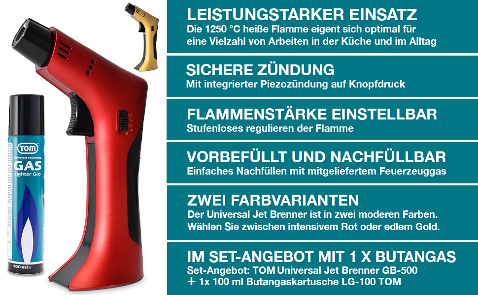 Набір кулінарного пальника TOM Jetflame (Золотий) з балоном бутану: професійний газовий пальник з замком безпеки для кухні, кемпінгу та майстерні, багаторазовий