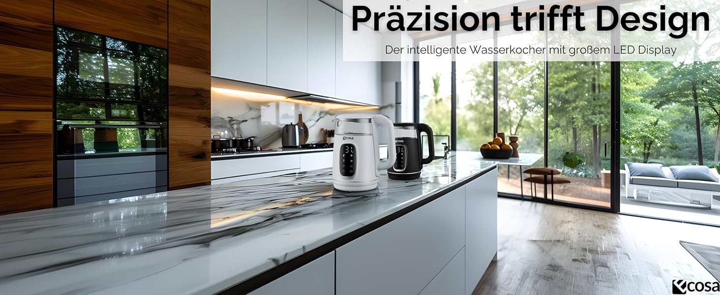 Електричний чайник Ecosa® зі скляною колбою та нержавіючою сталлю, 1.7 л, 2200 Вт, регулювання температури 40-100°C, функція підігріву, LED-підсвічування, без BPA (Woldo White)