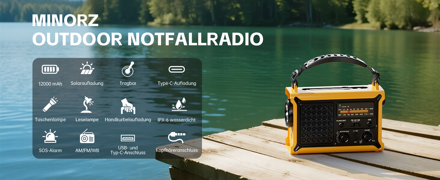 Радіоприймач MINORZ 12000mAh з ручкою, портативне радіо для надзвичайних ситуацій з великою сонячною панеллю, HiFi звук, AM/FM радіоприймач, SOS, ліхтарик та лампа для читання, IPX6 водонепроникний, ідеально підходить для кемпінгу та надзвичайних ситуацій, зелений (жовтий)