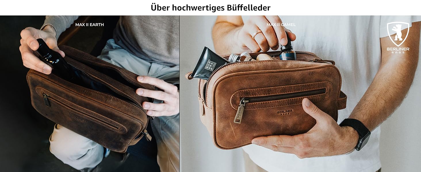 Шкіряна косметичка для подорожей Berliner Bags Premium Kulturbeutel Max, велика сумка для гігієни з 2 відділеннями для жінок та чоловіків (Camel)