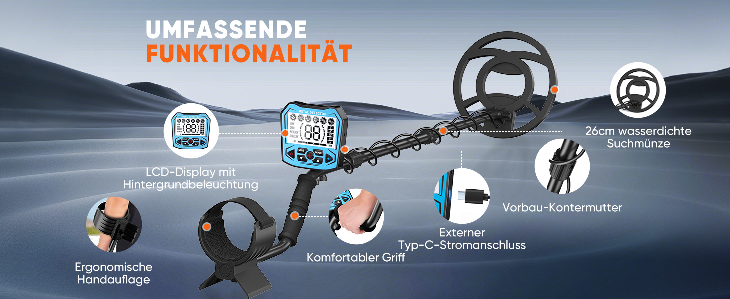 Металодетектор високоточний, регульована довжина 113-141 см, 5 режимів, акумуляторний професійний з LCD-екраном, водонепроникна котушка IP68, для дорослих та дітей, блакитний