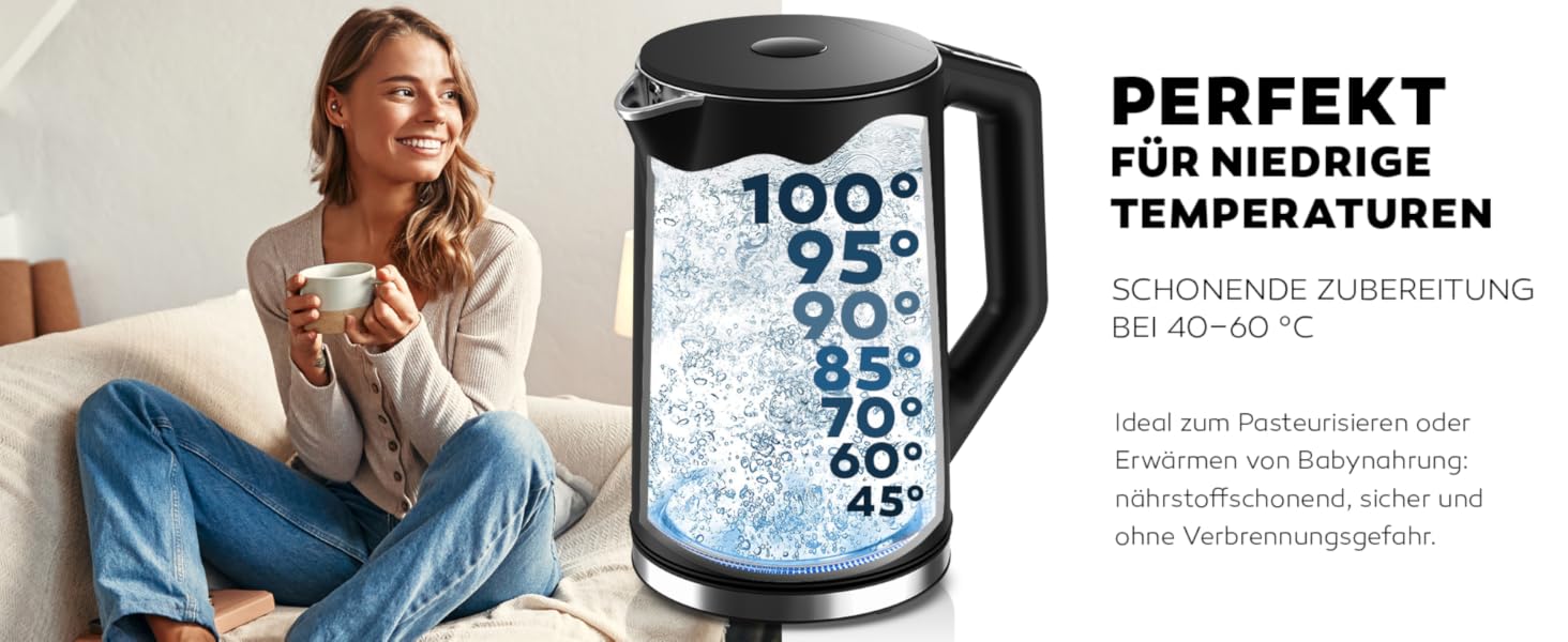 Balter Stainless Steel Electric Kettle with Temperature Control - 40°C to 100°C, Double Wall, BPA Free, 1.7L, 2200W, Quiet Kettle (D. Black)