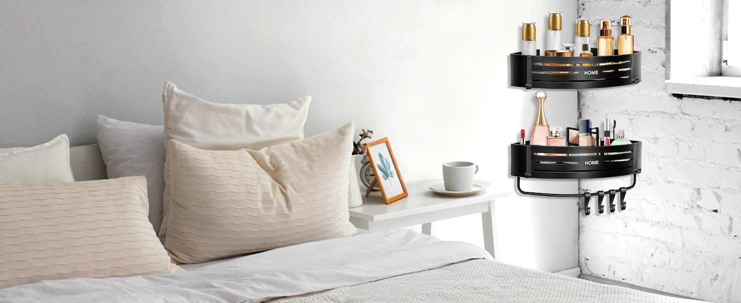 Дзеркальна поличка для душу Carehabi без свердління, 2 шт. з 8 гачками, чорна. Органайзер для ванної кімнати, кухні