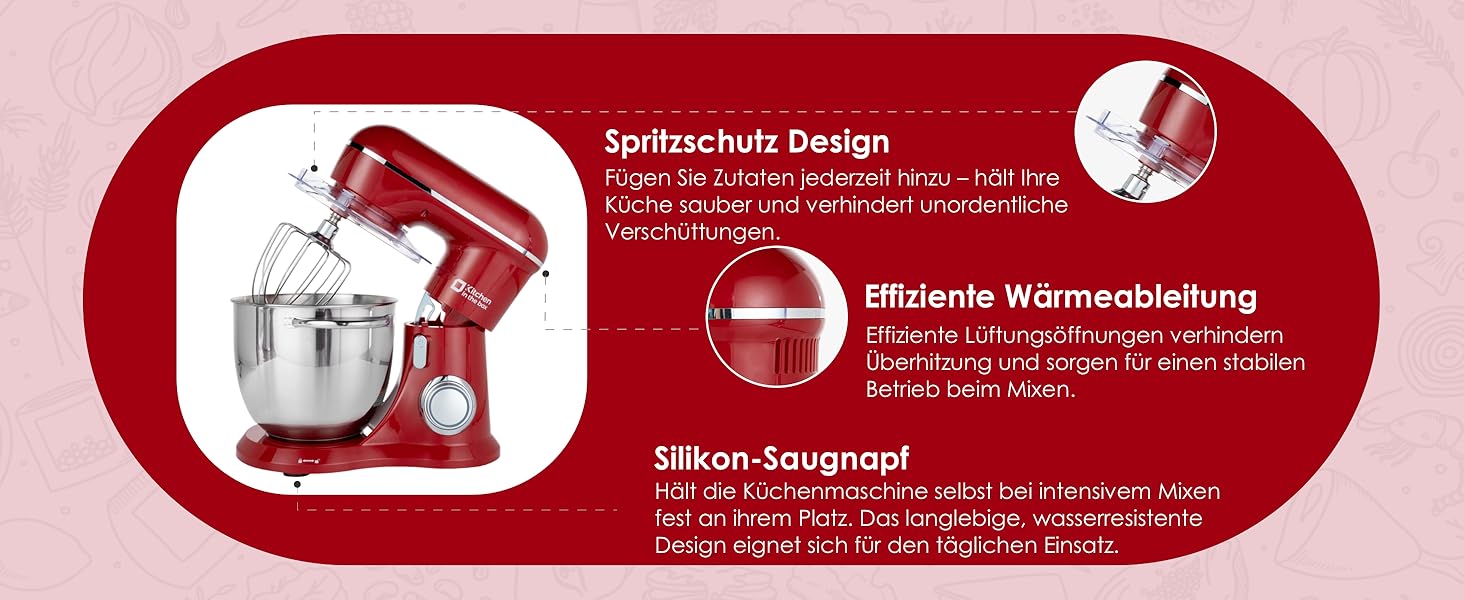 Кухонна машина Küchenmaschine 6 л, 1300 Вт, 10+ швидкостей, з набором насадок (міксер, гак для тіста, вінчик), темно-зелений/червоний