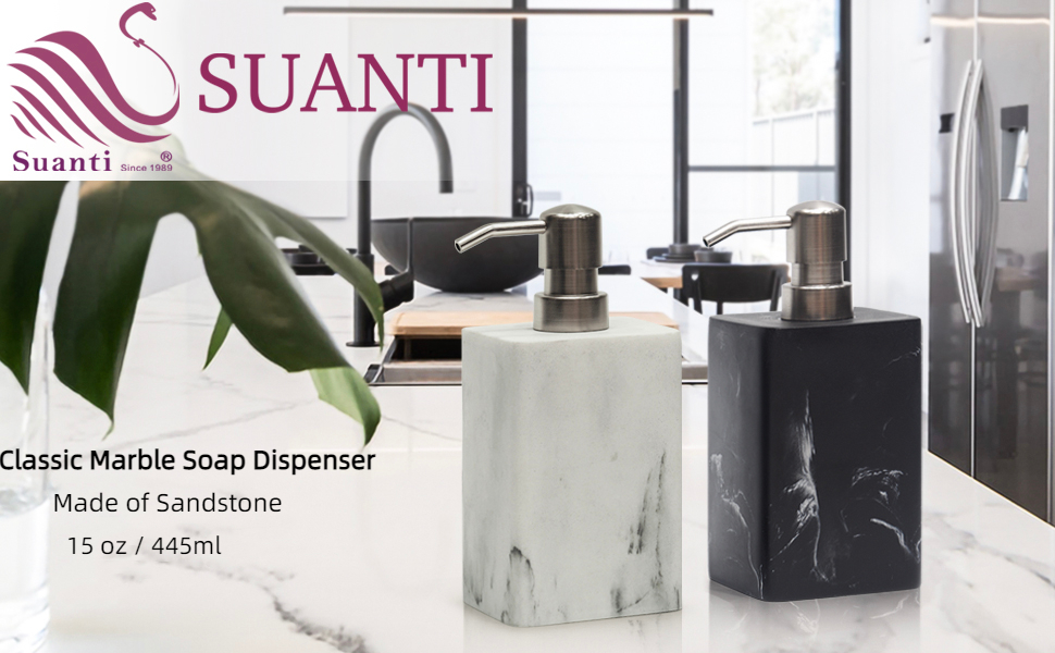 Дозатор для мила Suanti, 425 мл, з помпою з нержавіючої сталі, наповнюваний, квадратний, декоративний, для мила для рук, посудомийної рідини та лосьйону, стиль чорного мармуру