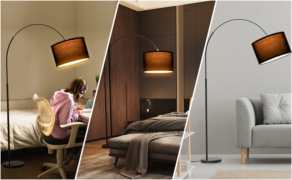 Торшер для вітальні JASMIN I з LED E27, чорний абажур 33 см, з вимикачем на нозі, торшер-арка, вінтажний стиль, підходить для спальні, готелю