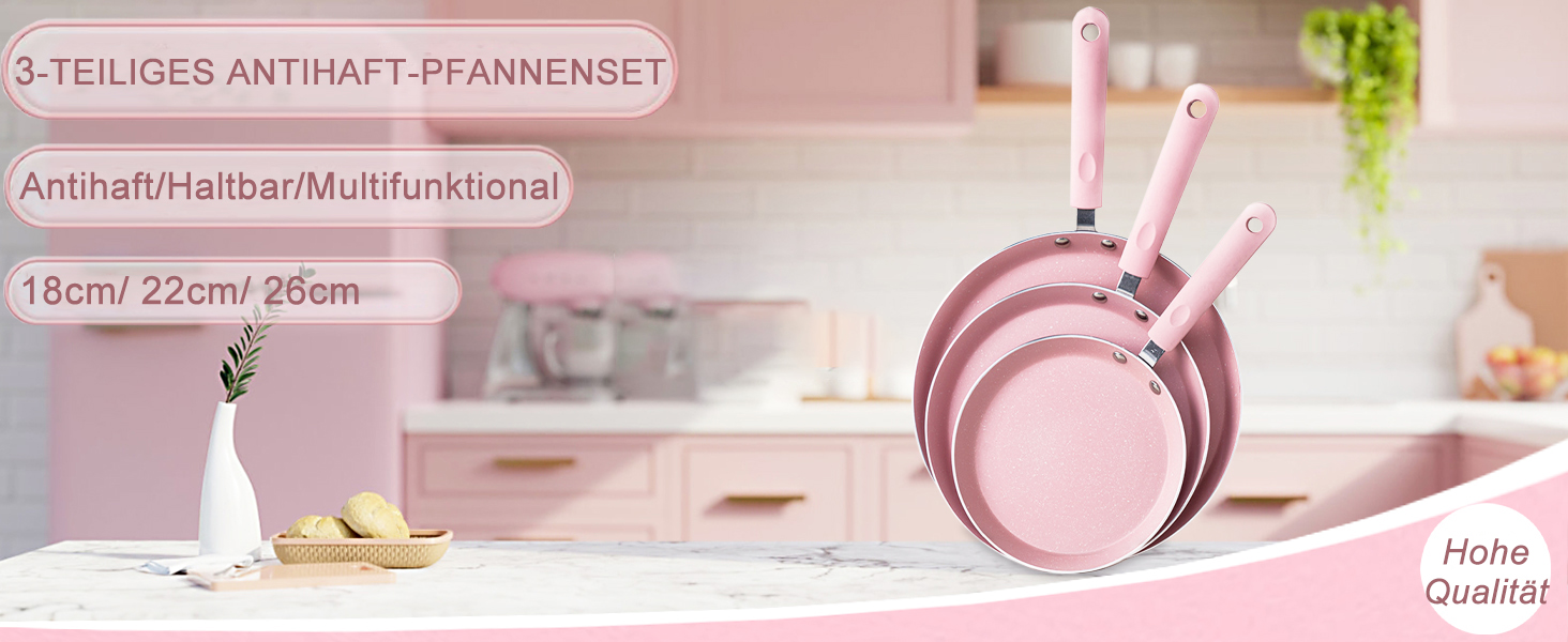 Набір сковорідок Maxspace 3 шт. з антипригарним покриттям, 18, 22, 26 см, для всіх типів плит, рожевий