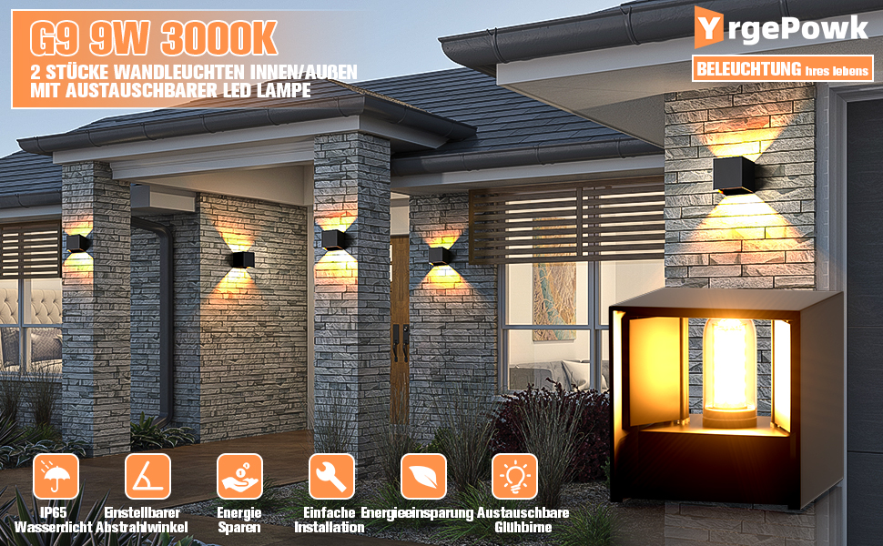 Настінні світильники YrgePowk 2 шт. з LED лампочками G9, IP65, 3000K, регульований кут освітлення, чорний