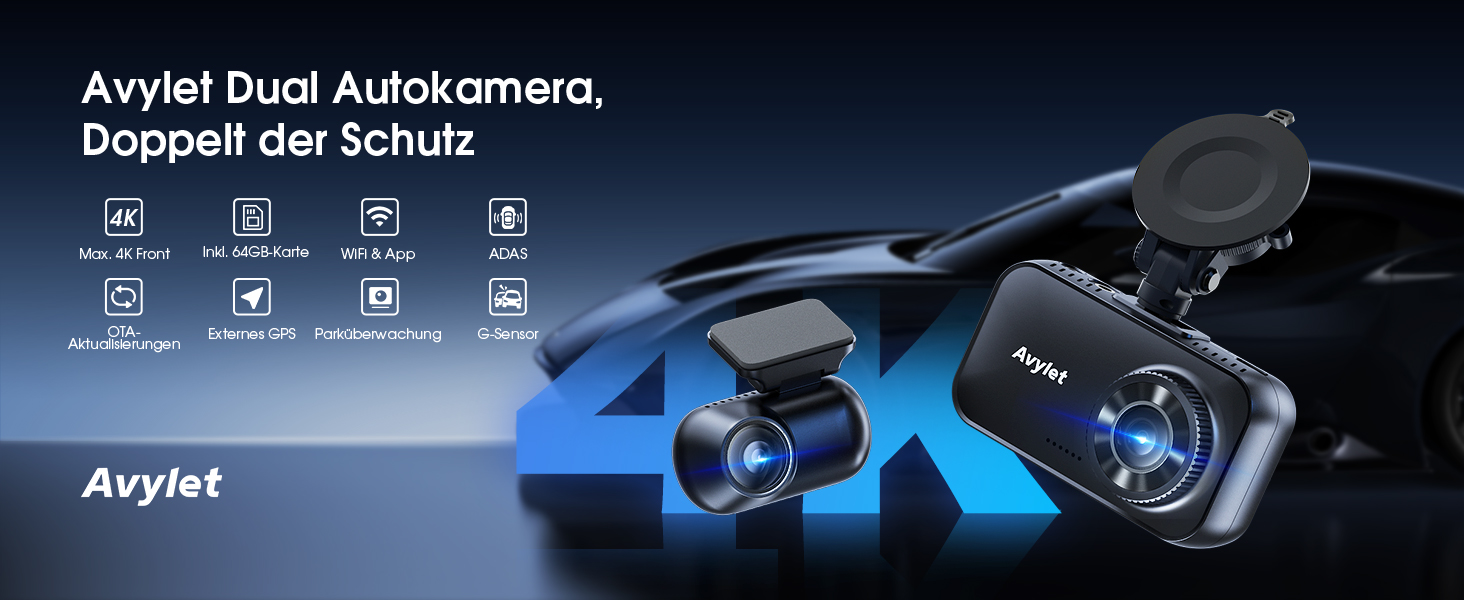 Автомобільний відеореєстратор Avylet 4K/2.5K+1080P з передньою та задньою камерами, 64GB SD карта, 5GHz WiFi, ADAS, 2.7