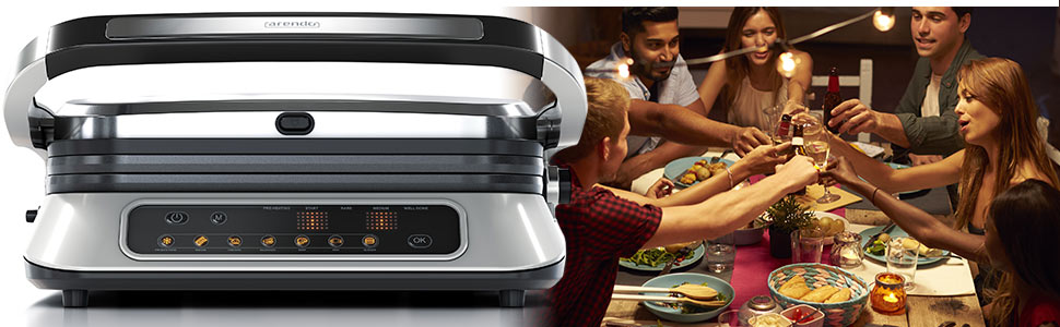 Arendo Electric Grill with Digital Control - 1900W Multi-Function Grill & Sandwich Maker - Stainless Steel, 7 Programs, Easy Clean