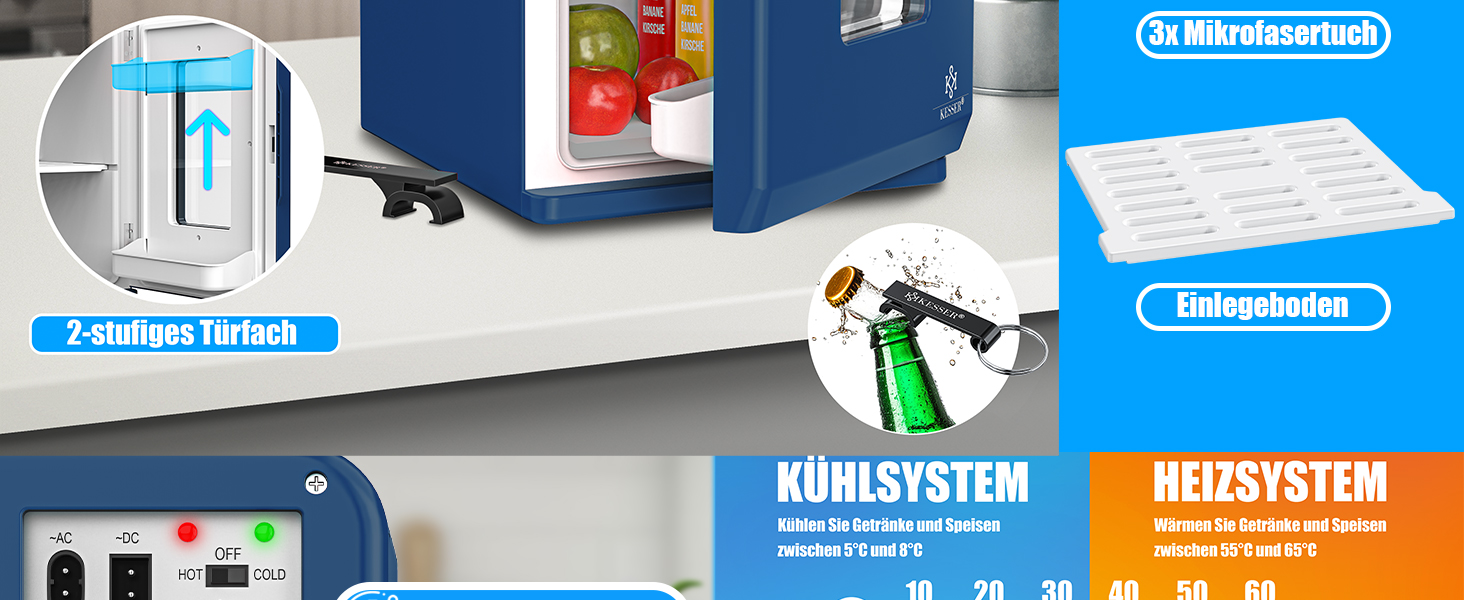 Міні-холодильник KESSER® 2в1, 15 літрів: охолодження та нагрівання, портативний, AC/DC, для авто, офісу, кемпінгу