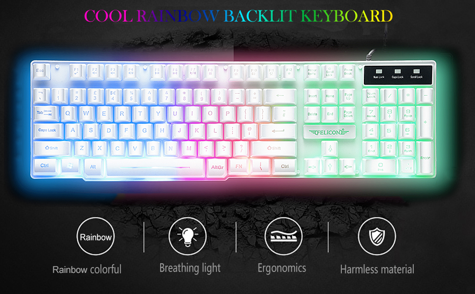 Ігровий набір клавіатури та миші UK-Layout 4-в-1 з підсвічуванням Rainbow, миша 2400 DPI, навушники та килимок для ПК