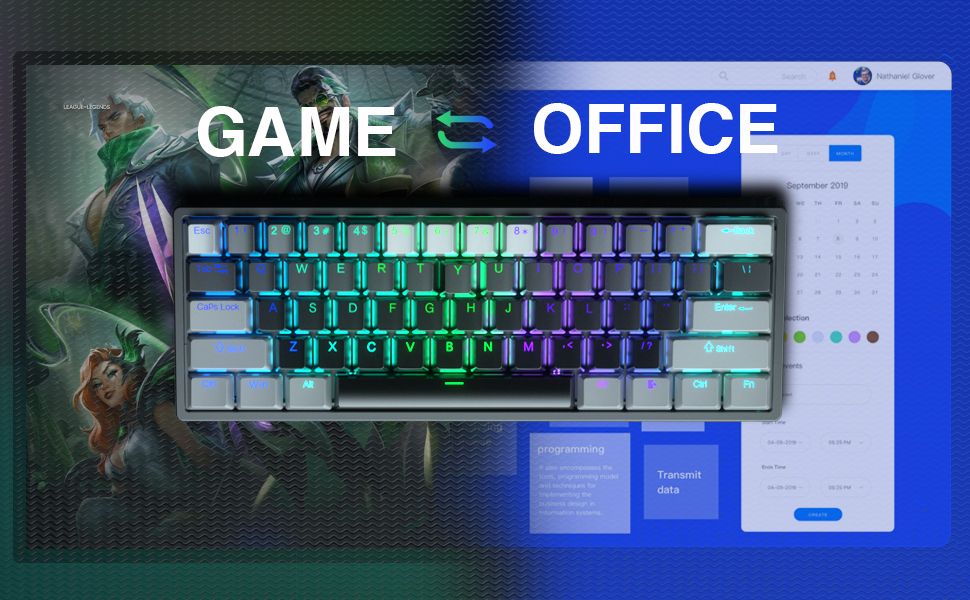 Механічна ігрова клавіатура AULA 60% з RGB-підсвічуванням, Hot-Swap, Type-C, блакитні перемикачі (чорно-сірий)