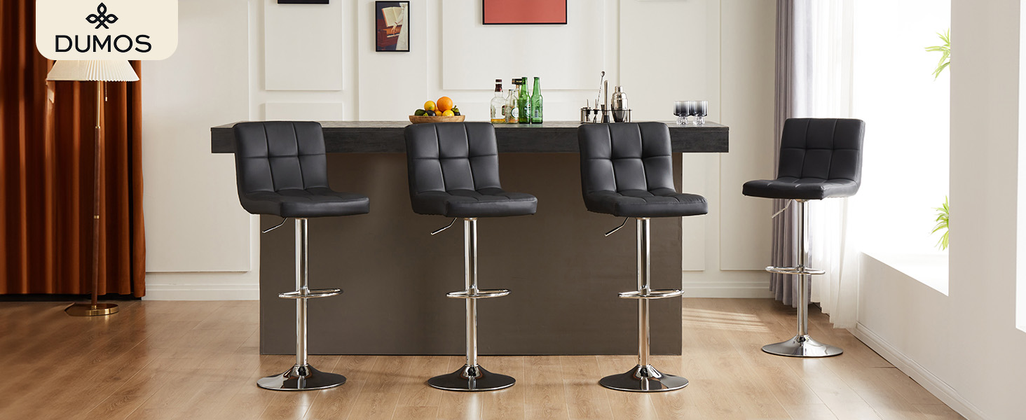 DUMOS Set of 2 Adjustable Bar Stools - Modern Style, Metal Legs, Kitchen Bar Stools with Backrest - for Bar, Kitchen & Living Room (White & Black)