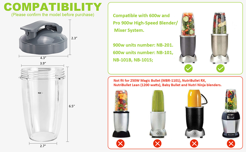 Набір з 2 чаш для блендера NutriBullet Pro 900/600 Вт, 710 мл, з 2 кришками, BPA Free, для смузі, запасні частини