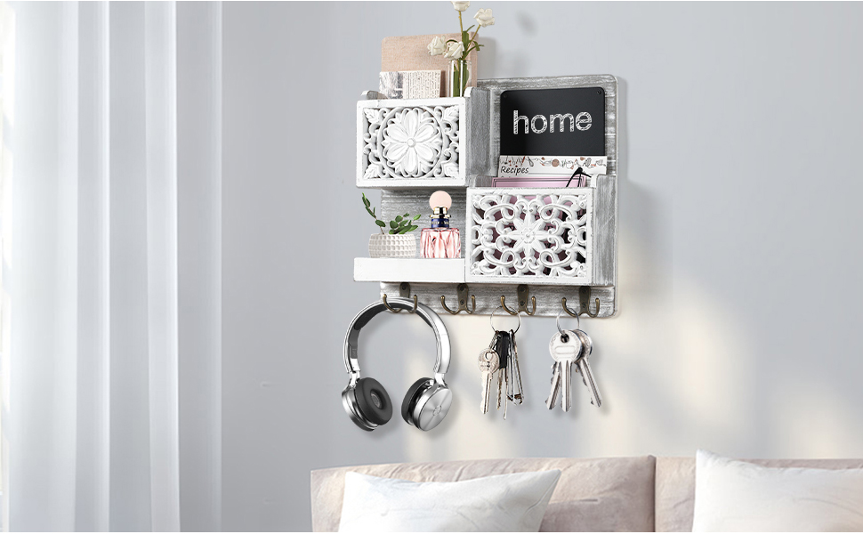 Дерев'яний ключниця з полицею на стіну, органайзер для ключів з 2 відсіками для листів, крейдяною дошкою та 8 гачками, вінтажний білий