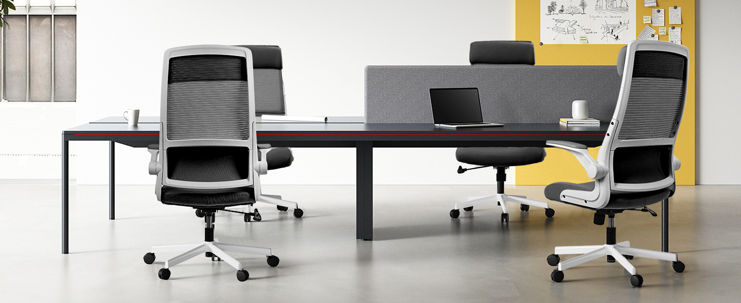 Ергономічне крісло для офісу з регульованою підголівником, крісло для робочого столу з сітки, відкидні підлокітники, широке сидіння, функція гойдання, комп'ютерне крісло EN 1335, офісне крісло 200 кг (чорно-біле)