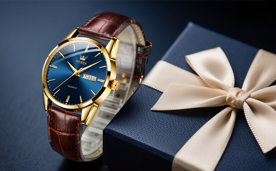Чоловічий годинник OLEVS з нержавіючої сталі, кварцовий аналоговий годинник, класичний діловий годинник, водостійкий, з підсвічуванням, з датою, на шкіряному ремінці (C2-блакитний циферблат/коричневий ремінь)