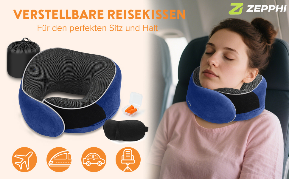 Подушка для шиї у літак, подушка для подорожей Memory Foam, подушка-вовчок для дорослих, ергономічна підтримка шиї з 3D-маскою для сну, навушниками, сумкою - ідеально для літака, авто, дому, офісу, блакитна подушка для сну