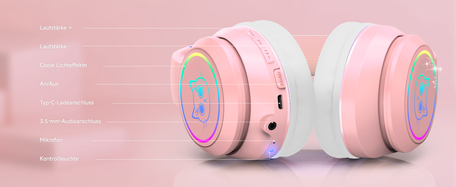 Дитячі навушники LOBKIN Bluetooth Over-Ear з чохлом, рожеві. Бездротові та провідні, складні, регульовані для школи та подорожей