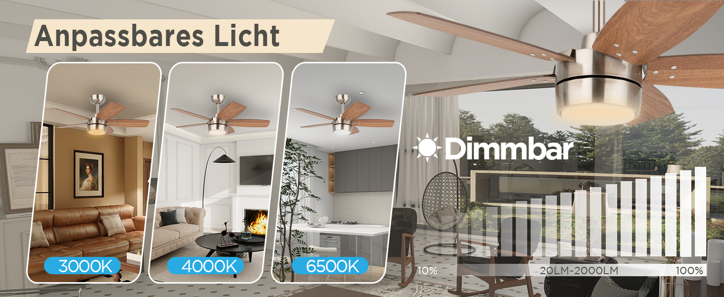 Стеляний вентилятор для маленьких кімнат: сучасний вентилятор з регульованим освітленням та дистанційним керуванням – реверсивний, тихий з 6 швидкостями для маленьких спалень - 230V (Бурштяне нікель+волоське дерево-007, 91 см)