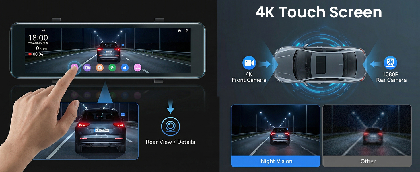 Дзеркало заднього виду з відеореєстратором Hodozzy 4K+1080P, GPS, ADAS, BSD, Wi-Fi, 10.88