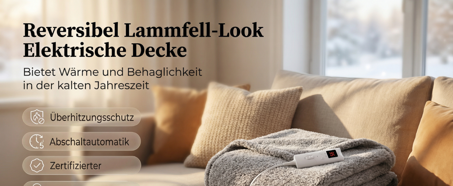 Електрична гріюча ковдра TLGREEN 180x130 см з м'якою підкладкою, імітація овечої шкури, з автовимкненням, двостороння, захист від перегріву, таймер, 9 температурних режимів, пральна, ковдра для дивана, ліжка, офісу, коричнево-сіра