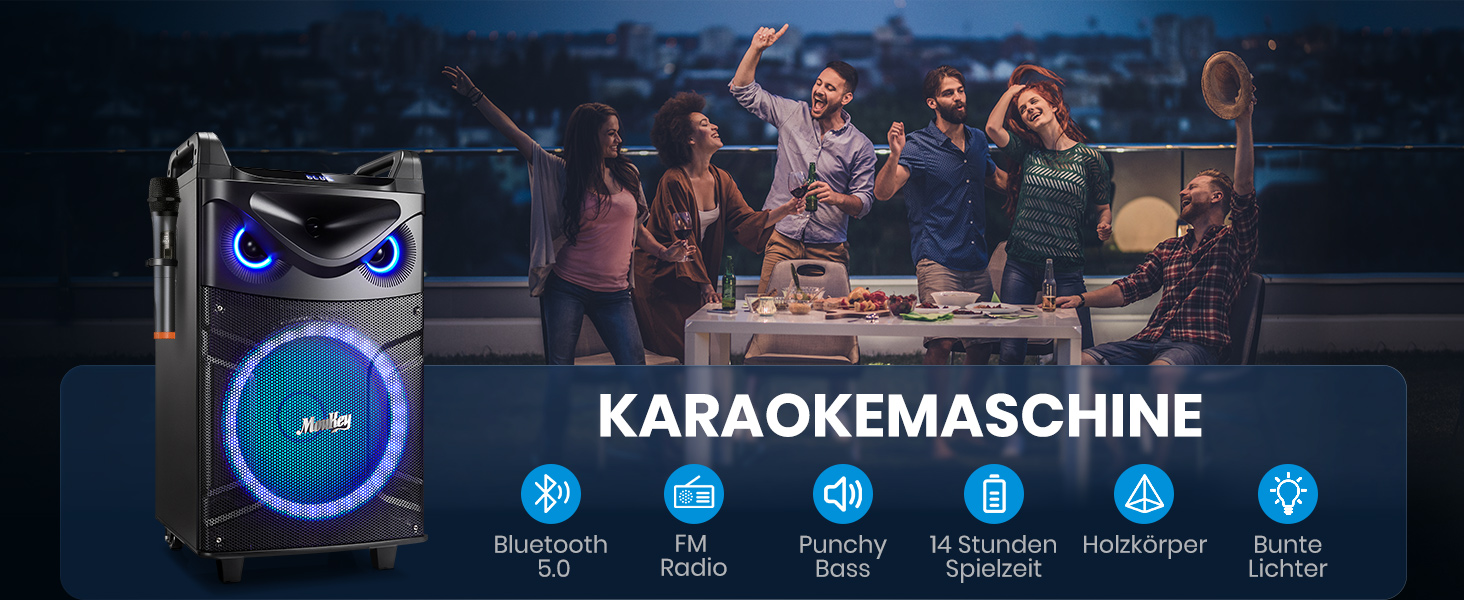 Moukey Karaoke Машина MK3021: Караоке система з вокером 26см, твітером 8см, 2 мікрофонами, Bluetooth, світло, AUX/USB/TF/FM