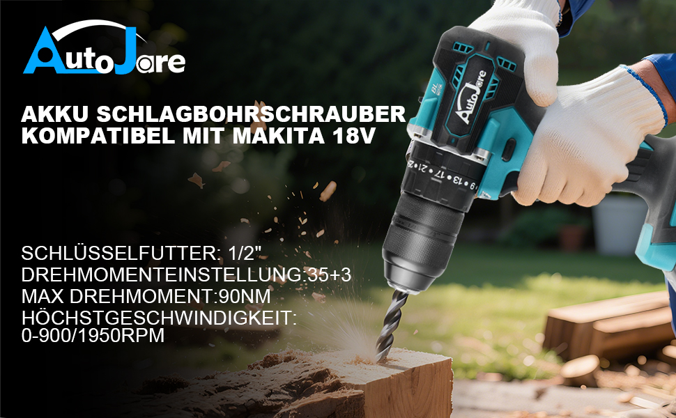 Акумуляторний ударний дриль-шуруповерт сумісний з Makita 18V, 13 мм, безщітковий, 35+3 ступені крутного моменту, 90 Н.м, 2 регульовані ступені, акумуляторний шуруповерт з 3 насадками (без акумулятора)