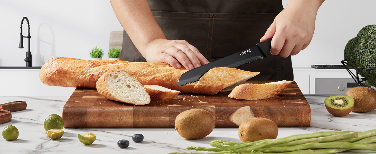 FOHERE 13-Piece Stainless Steel Knife Set with Block & Sharpener - Ergonomic Black Granite Handles