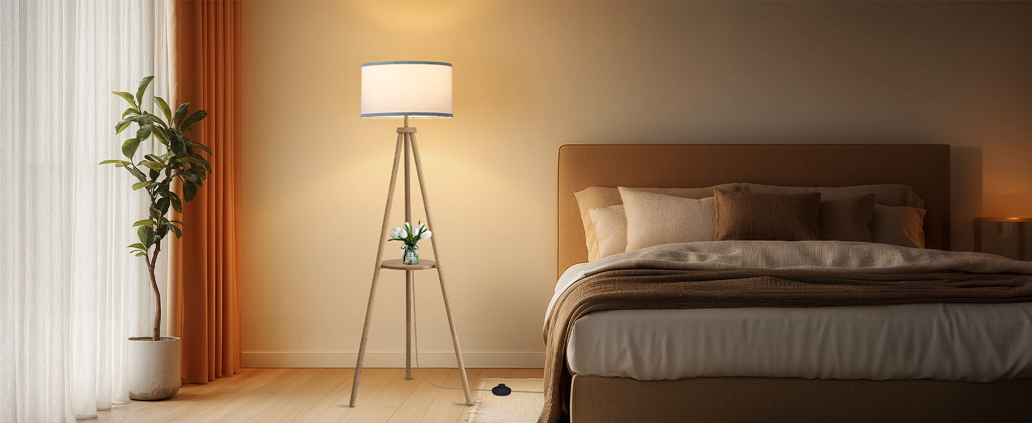 Стельова лампа на тренозі з полицею, з пульт керування, 3 колірні температури, для вітальні, спальні, офісу, бежевий абажур, стиль бері, декор